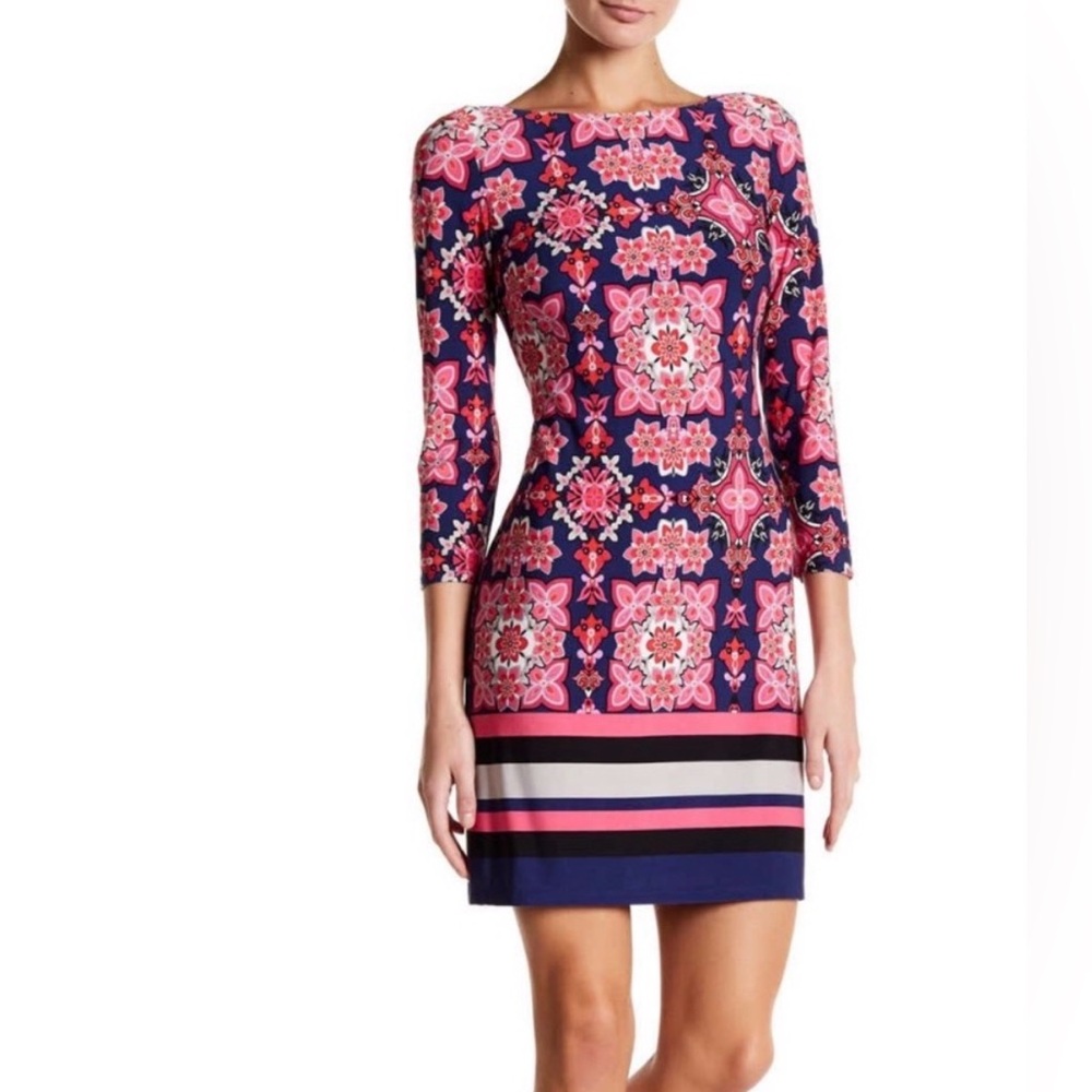 Vince Camuto Pink and Navy 3/4 Sleeve Floral Medallion Dress